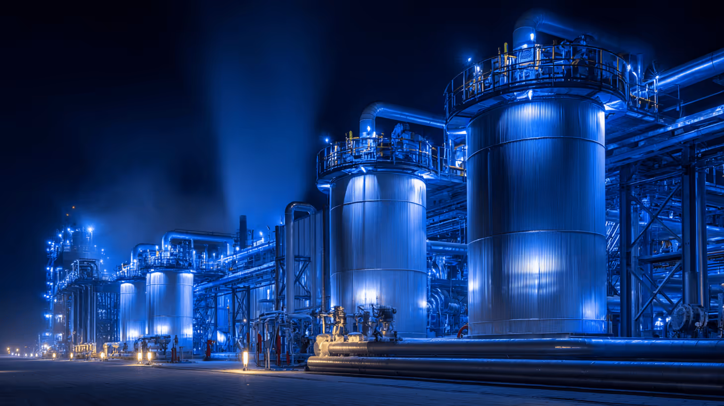 Instalação industrial iluminada à noite com grandes tanques cilíndricos e tubulações metálicas.