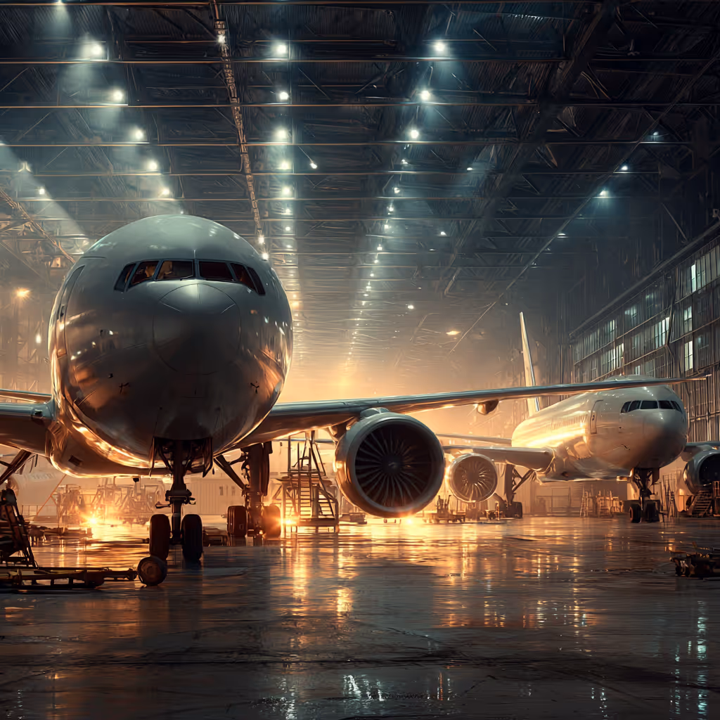 Dois aviões comerciais estacionados dentro de um grande hangar iluminado com luzes quentes refletindo no chão polido.