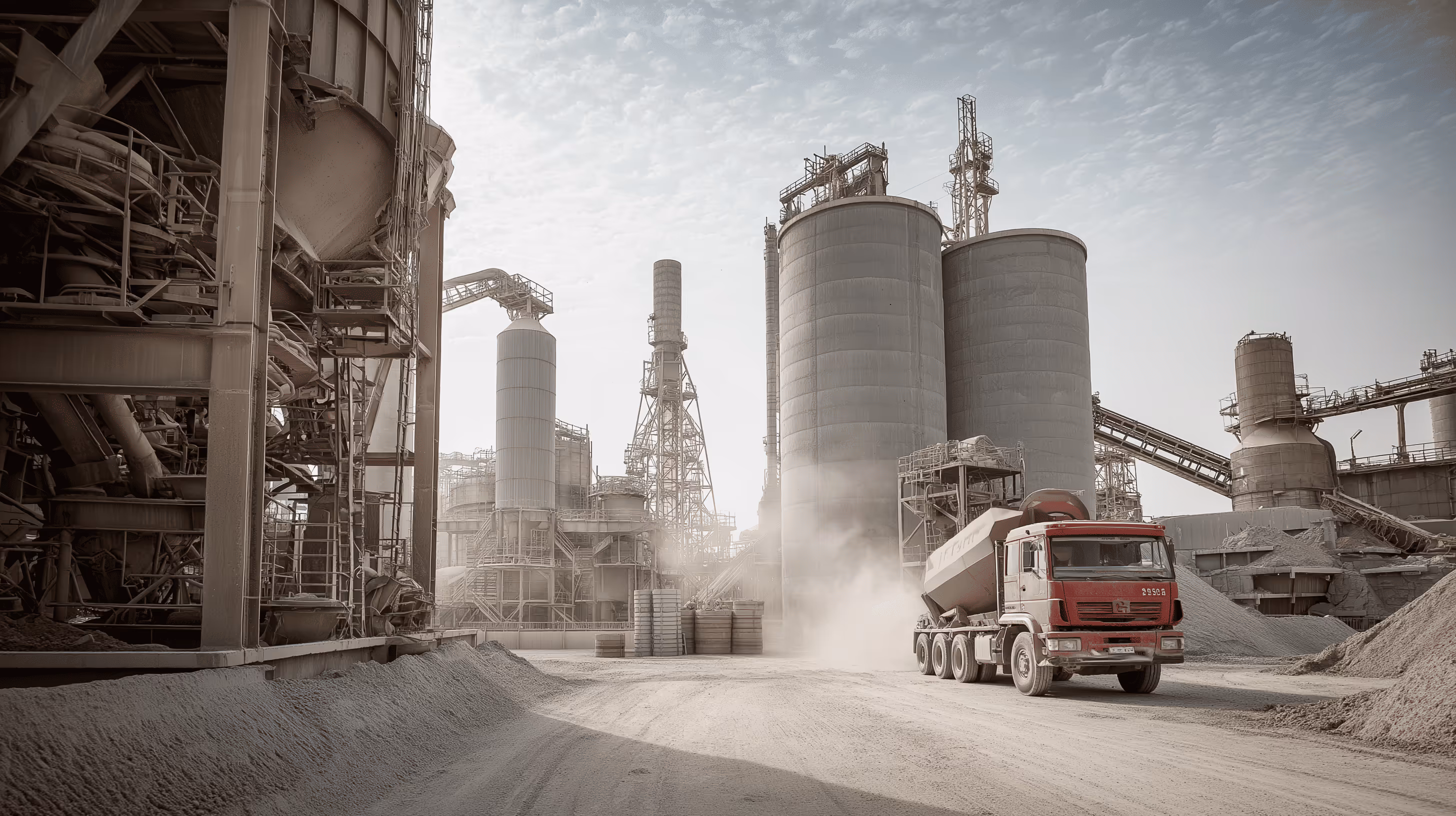 Caminhão betoneira vermelho em obra industrial com silos grandes e estruturas metálicas ao redor.