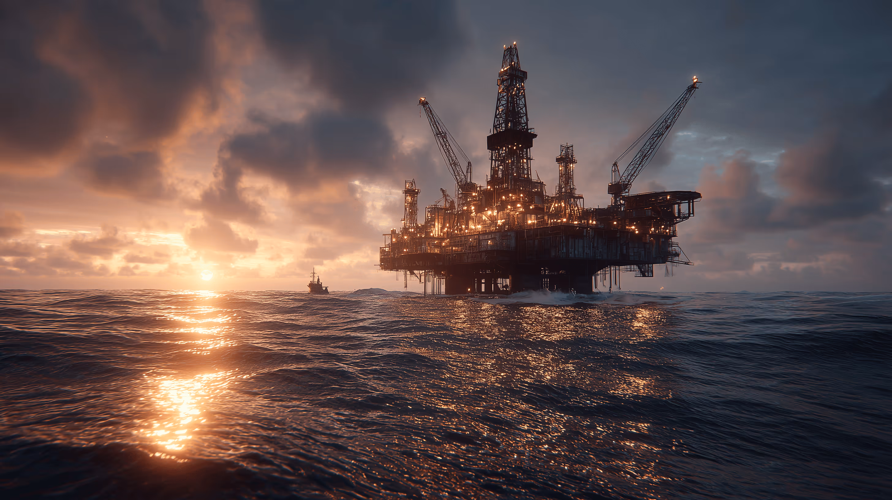 Plataforma de petróleo iluminada no oceano ao pôr do sol com céu nublado.