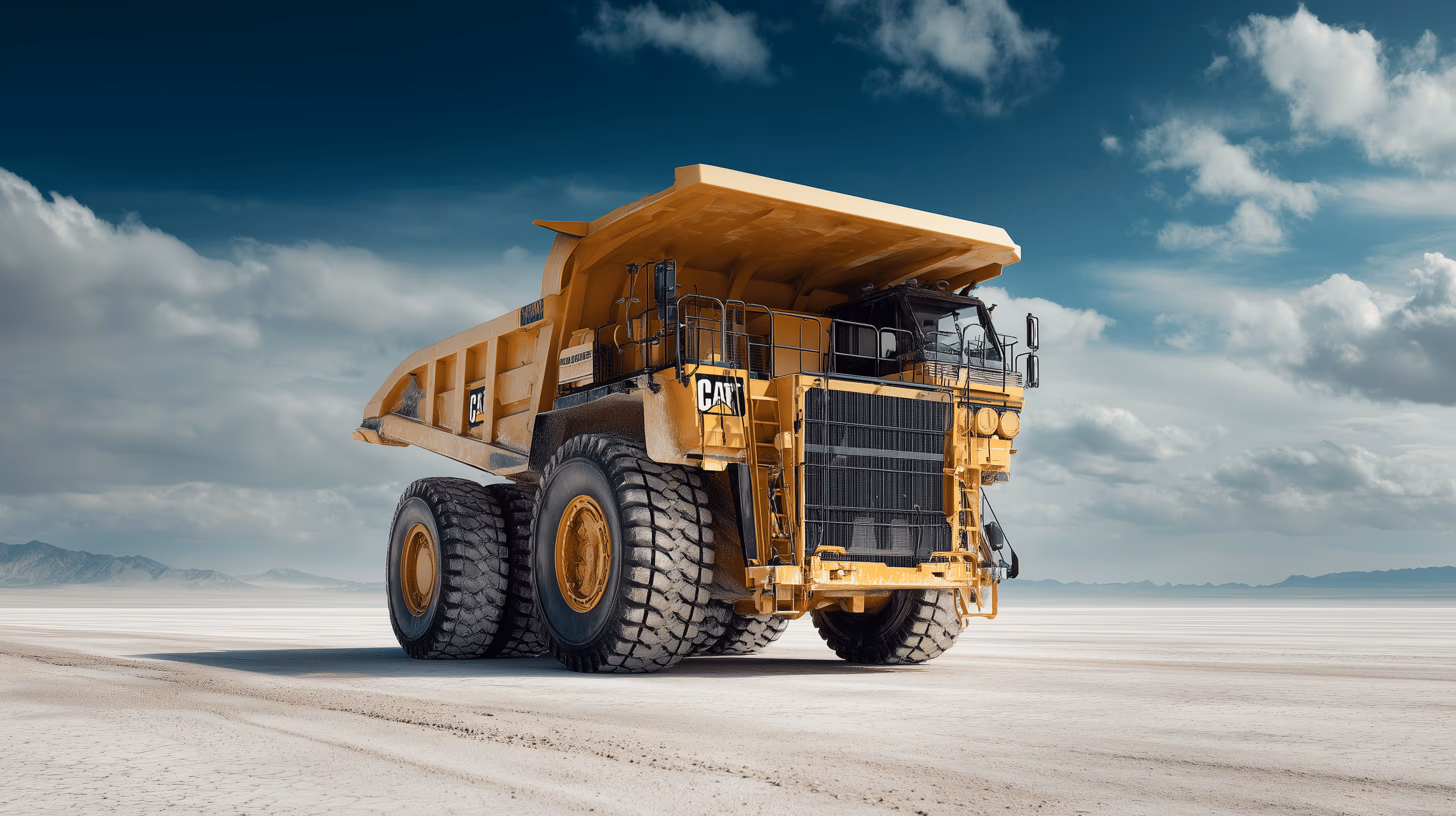 Caminhão basculante amarelo grande da Caterpillar estacionado em um terreno aberto sob um céu parcialmente nublado.