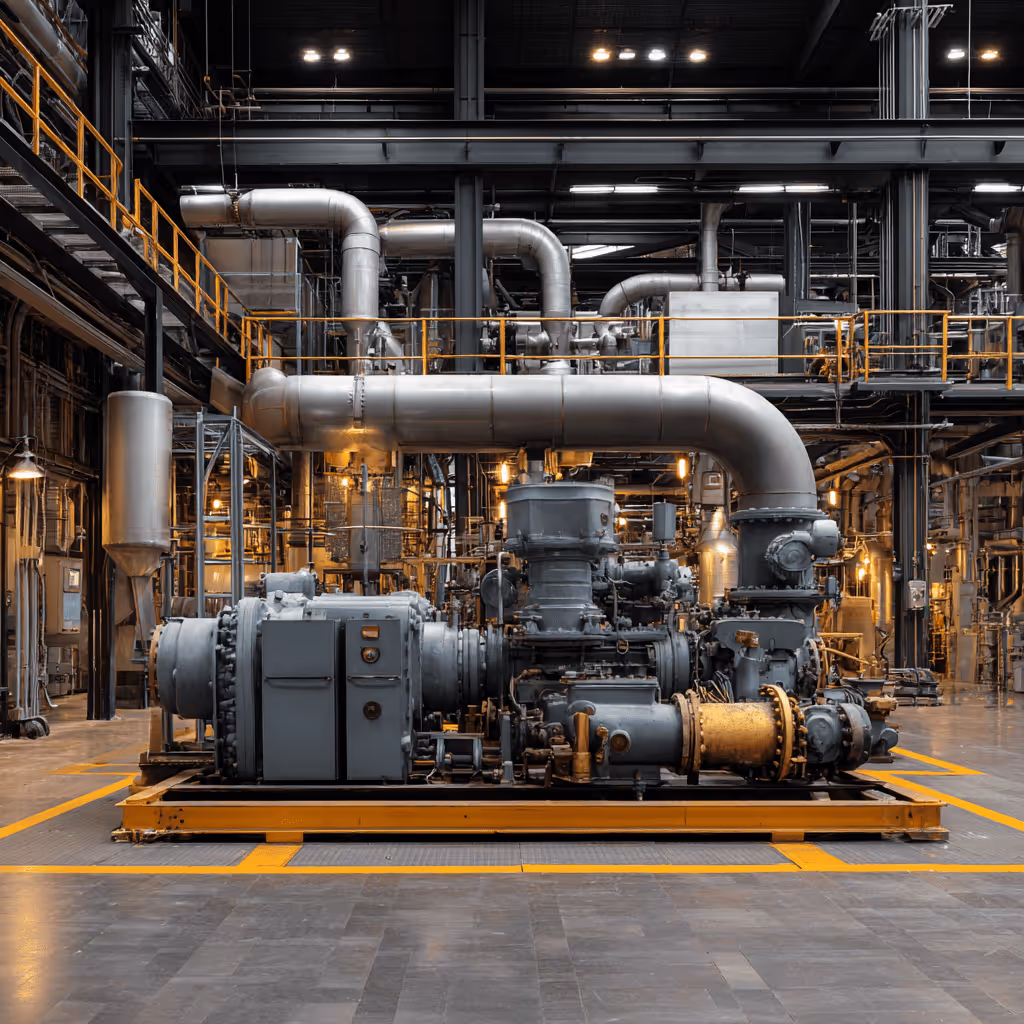 Máquina industrial grande com tubos metálicos e piso cinza dentro de uma fábrica espaçosa.