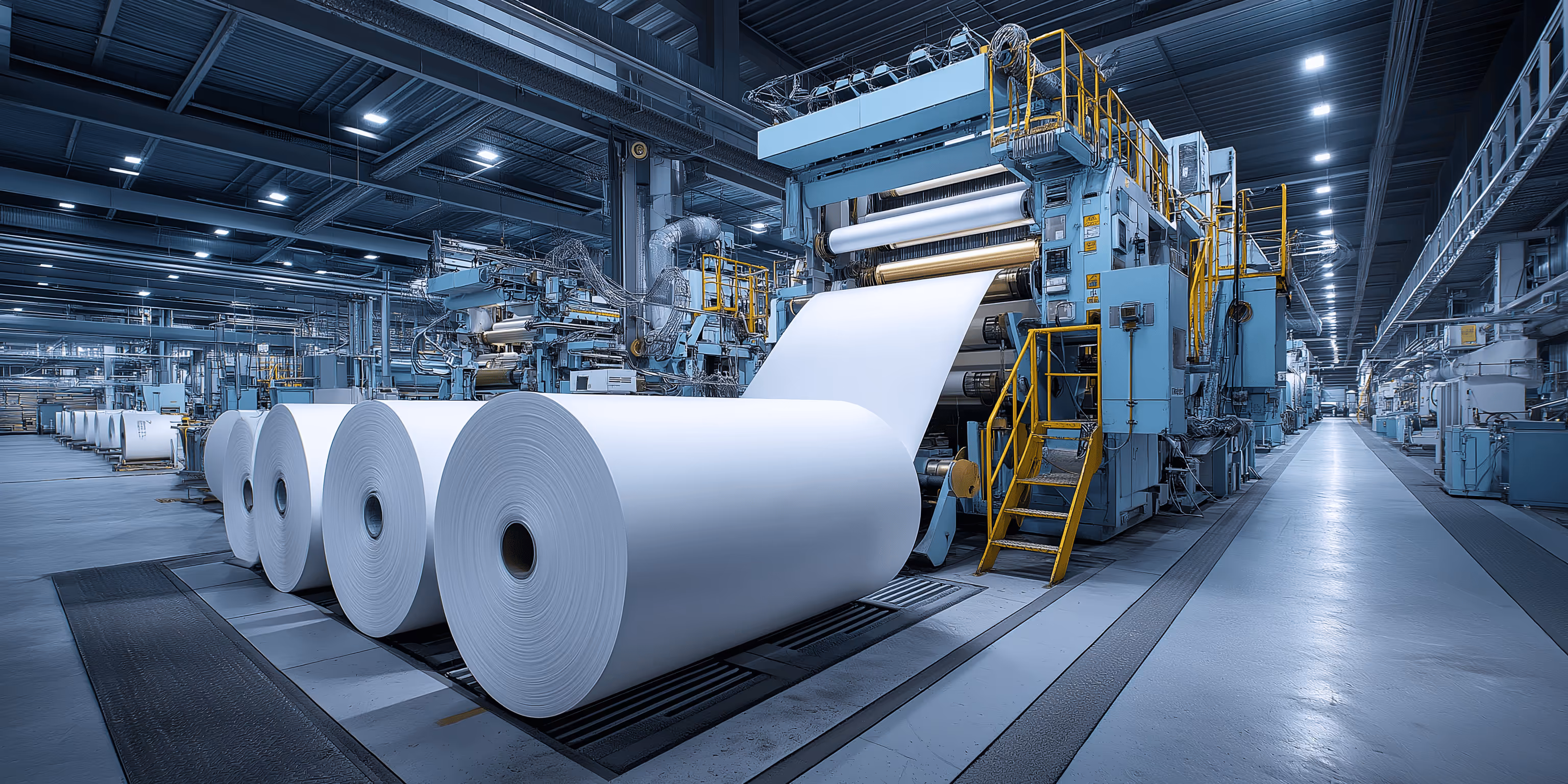Máquina industrial grande enrolando grandes bobinas de papel branco em uma fábrica bem iluminada.