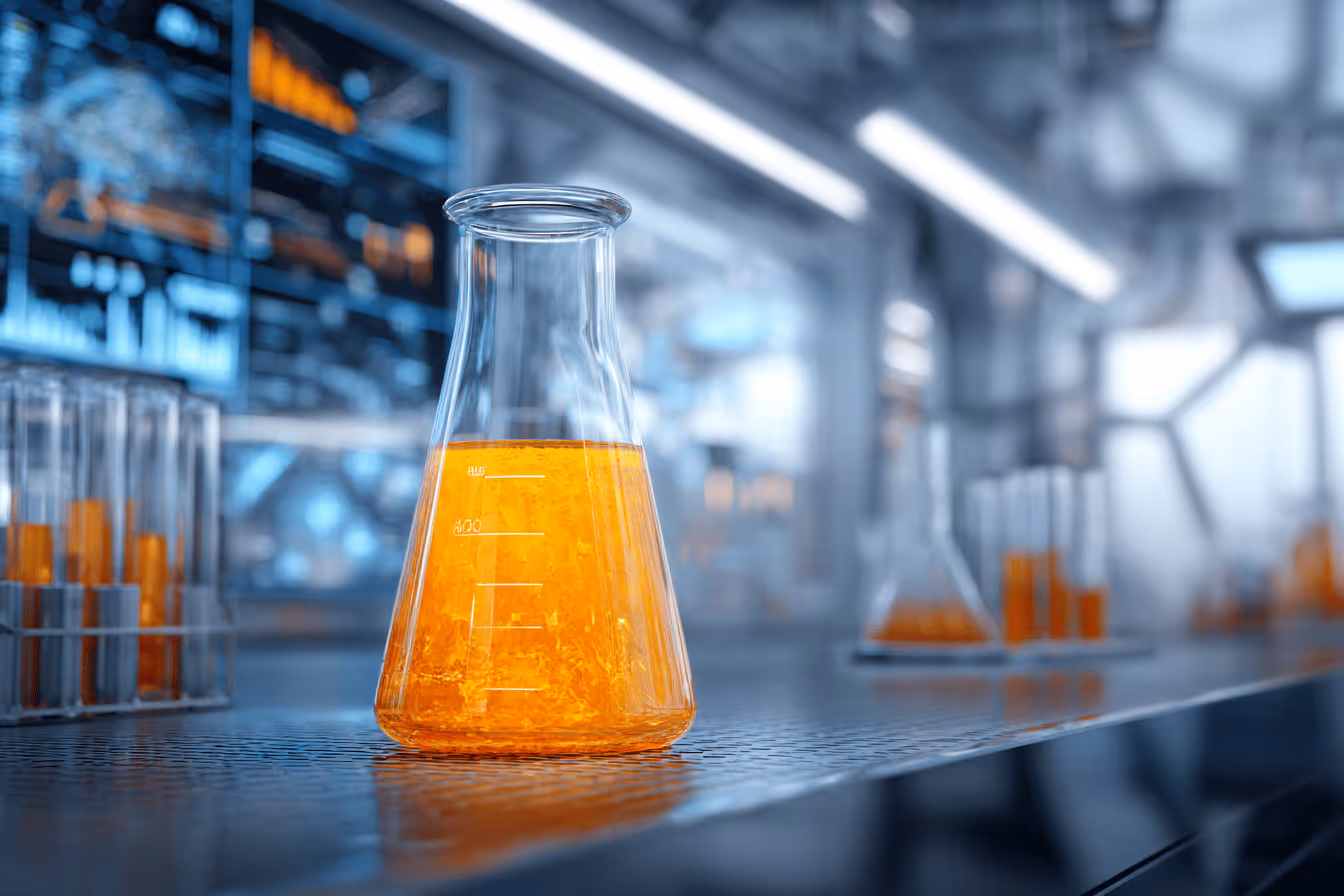 Frasco de laboratório contendo líquido laranja em bancada metálica com fundo de laboratório moderno desfocado.