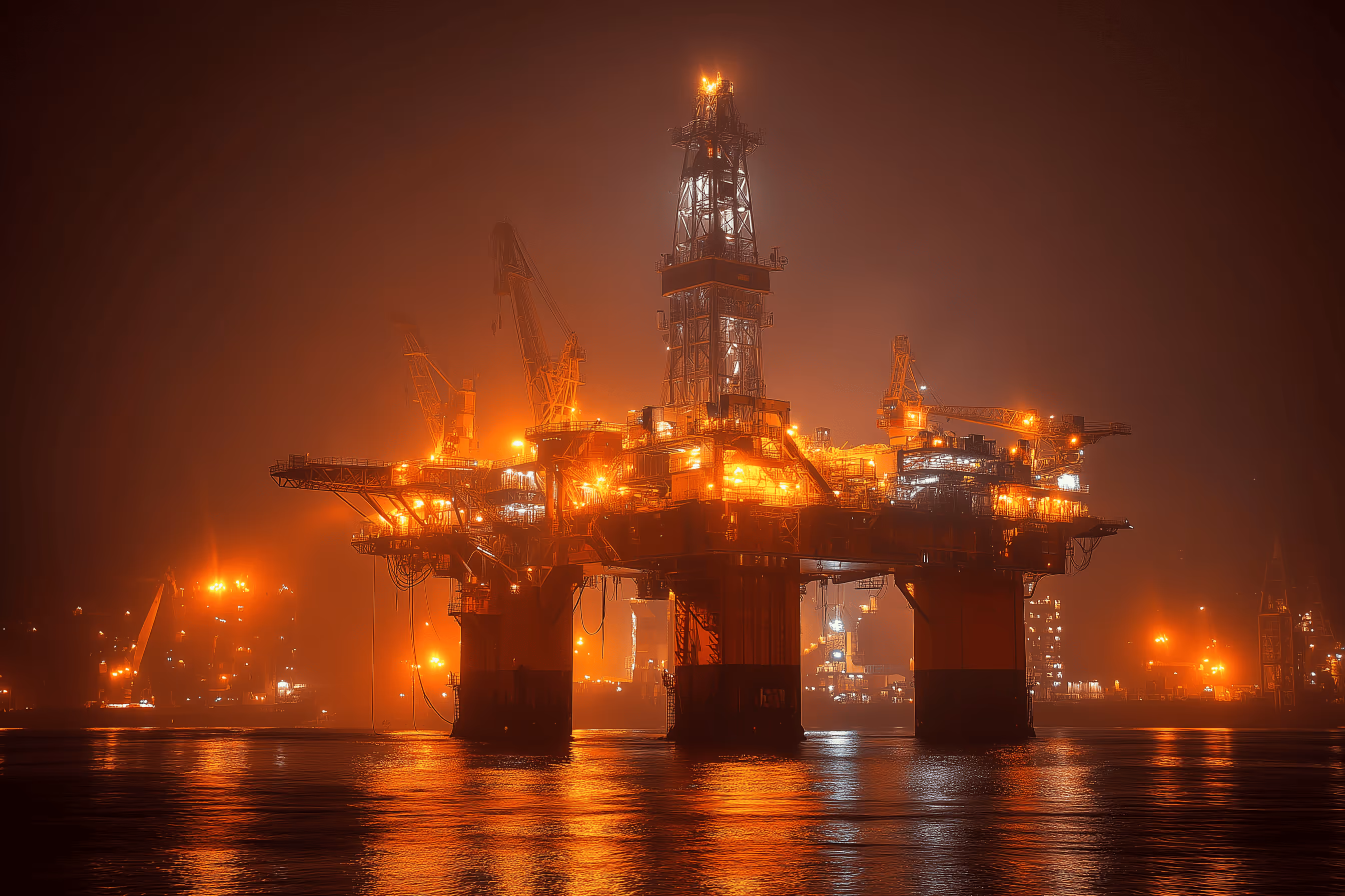 Plataforma de petróleo iluminada à noite com reflexos laranja na água.